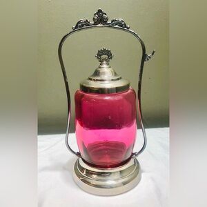 Antique Cranberry Glass Pickle Castor Jar Silver Plate with Handle and Lid